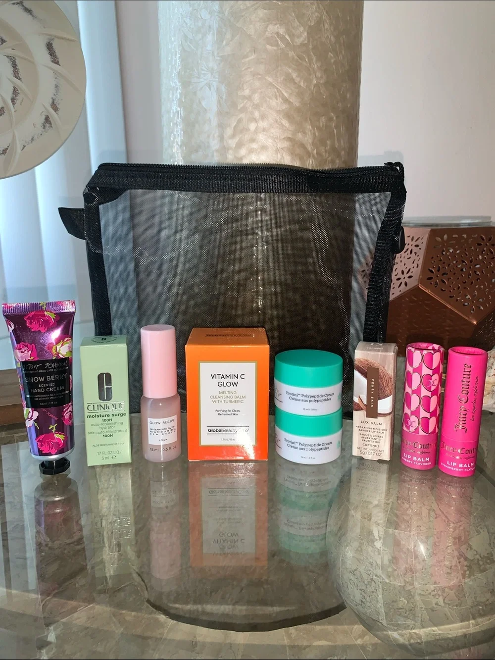 Assorted Skincare & Lip Balms with Black Mesh Cosmetic Pouch